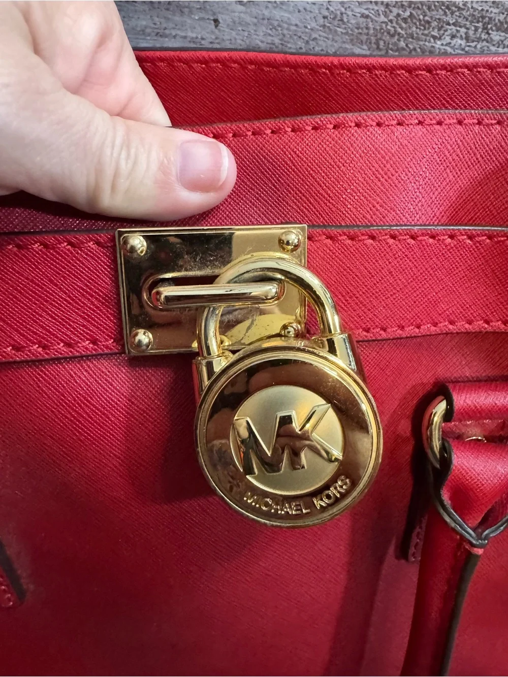 Michael Kors Red Saffiano Satchel with Gold-Tone Lock